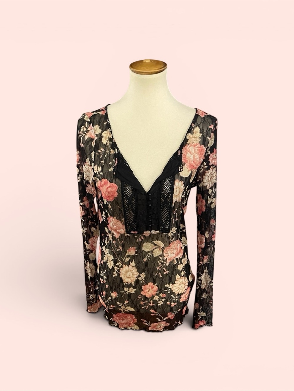 #158, Ralph Lauren Denim and Supply Sheer Black Floral Lace V-Neck Top,size L